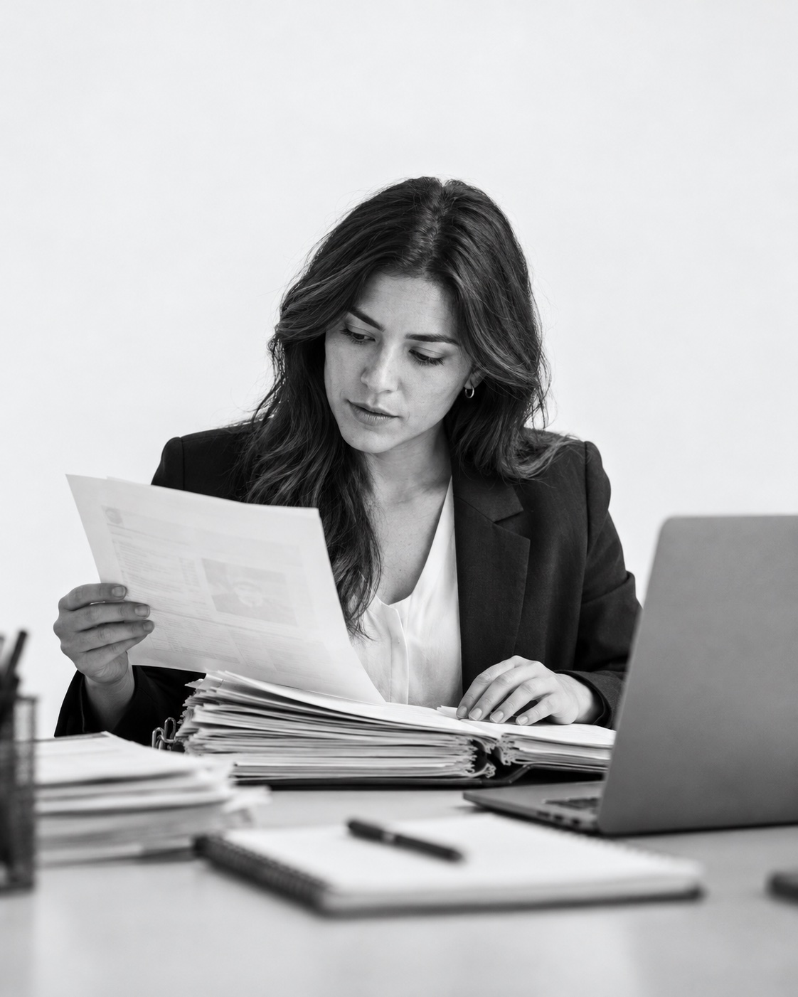Analista revisando un expediente en papel junto a su computador
