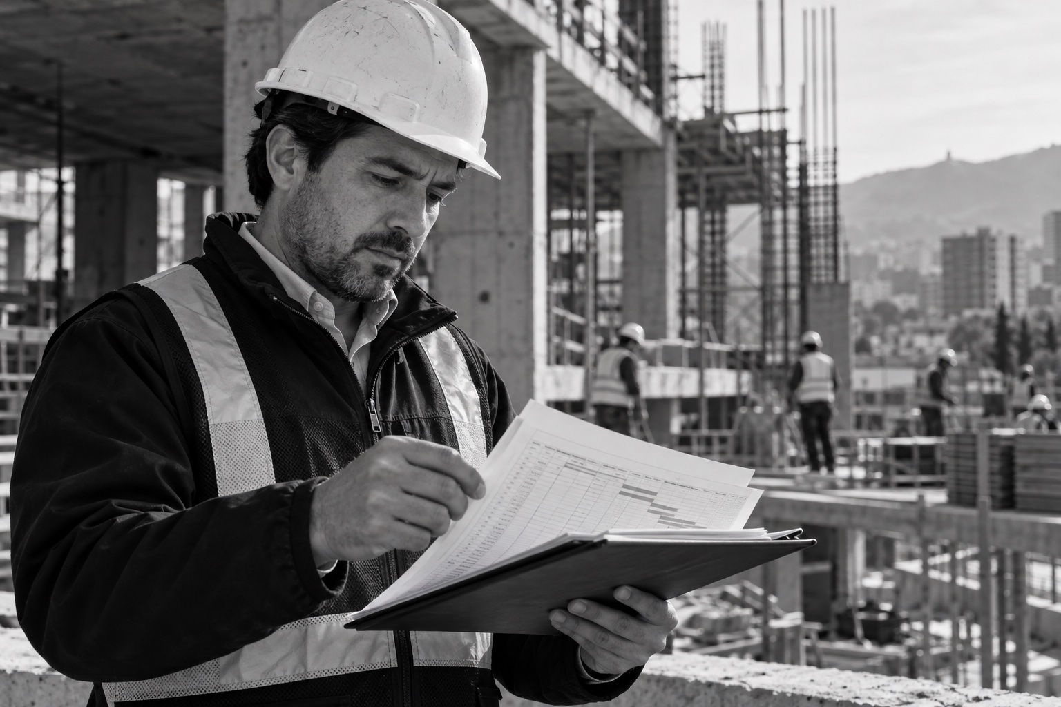 Profesional revisando un estado de pago en una obra en construcción