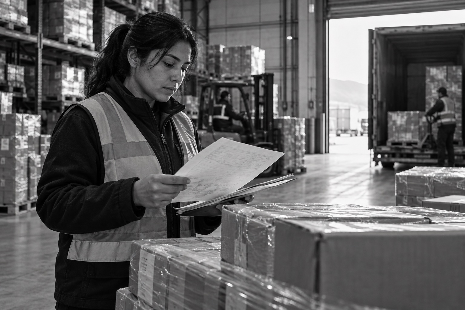 Profesional revisando documentos de carga en un centro de distribución