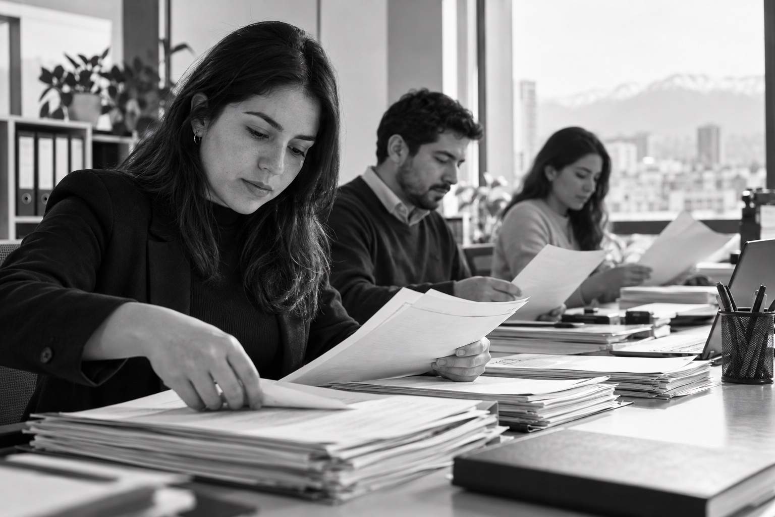 Equipo de back office trabajando con expedientes